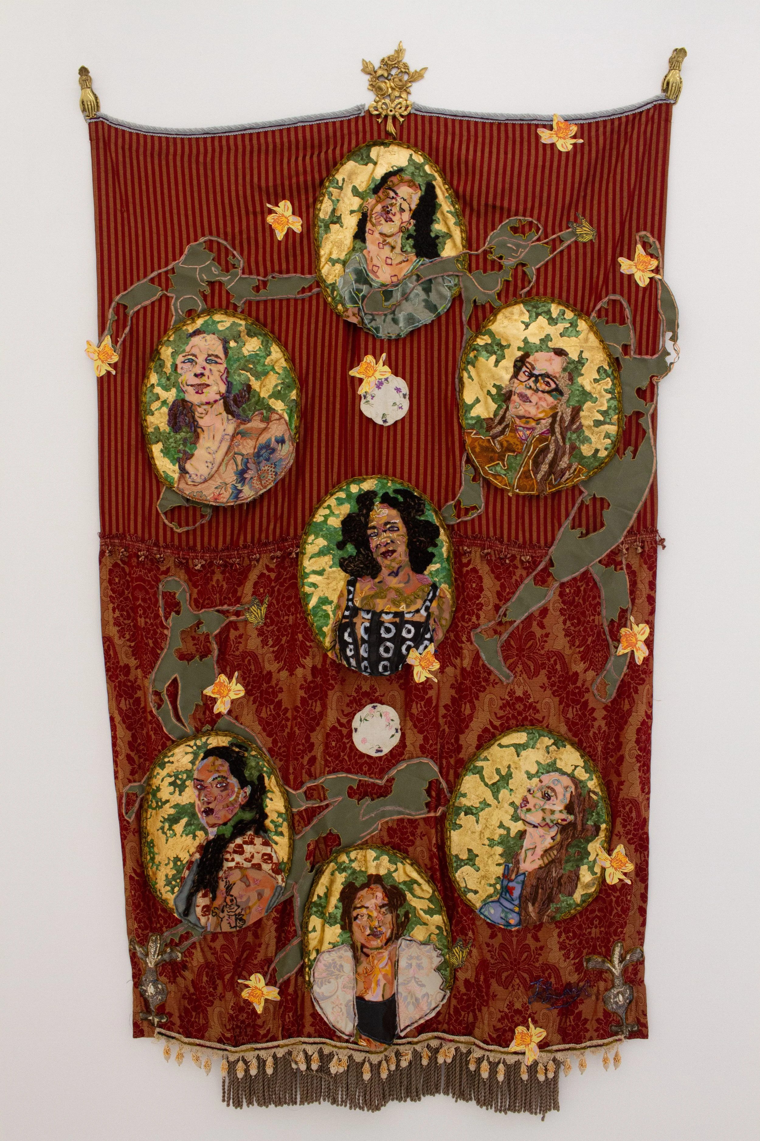 We Can Grow or Wither, 2024
screenprint ink, screenprint, upcycled fabric, upcycled tassel trim, upcycled trim, upcycled fabric, vintage hands, vintage candle fixture, vintage doilies, soft pastel, fabric, and yarn
96 x 49 in (243.84 x 124.46 cm)