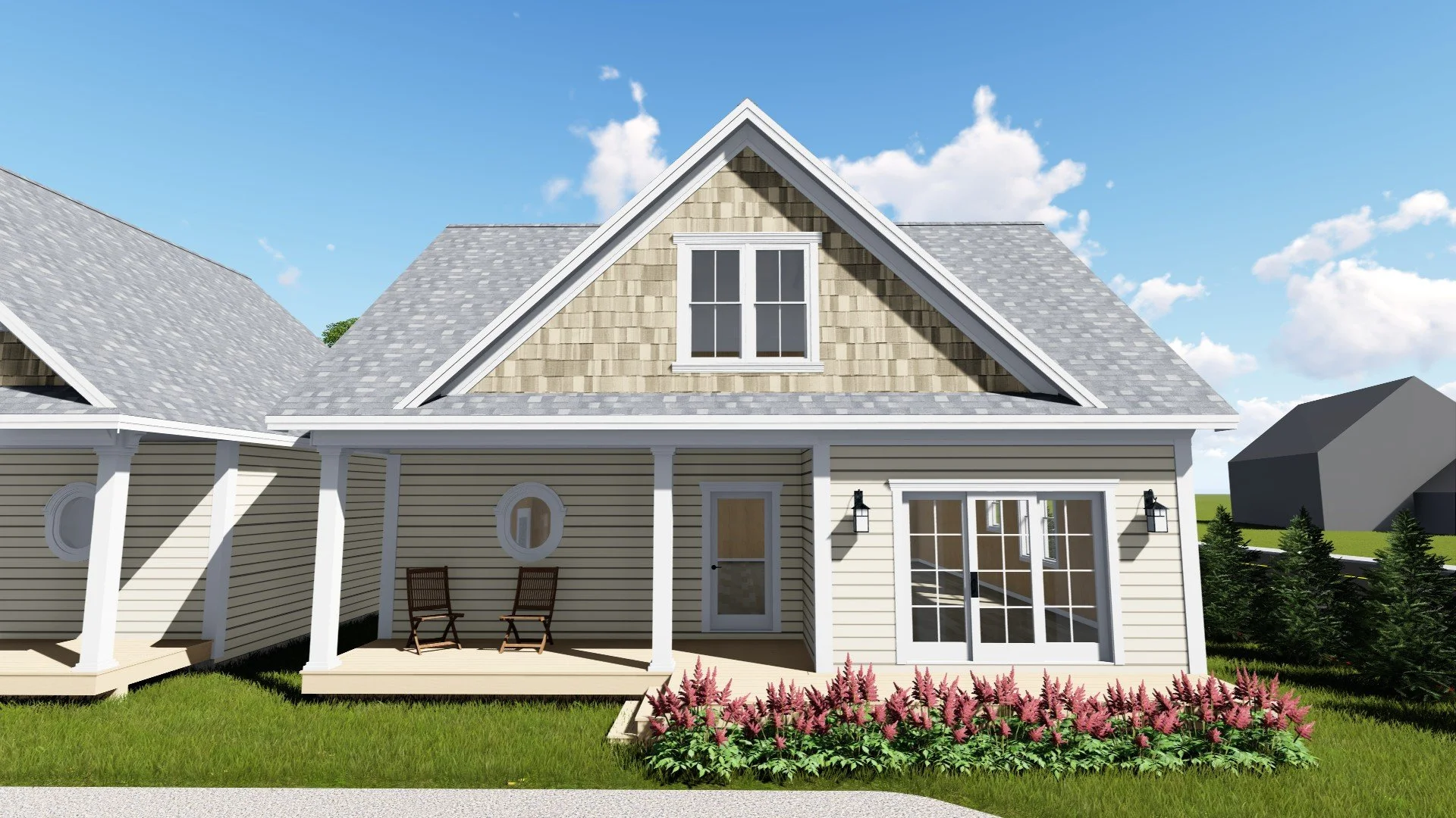 A house with beige siding, a gray shingled roof, a second-story window, a porch area with two chairs, a sliding glass door, and a garden with pink flowers and green bushes.