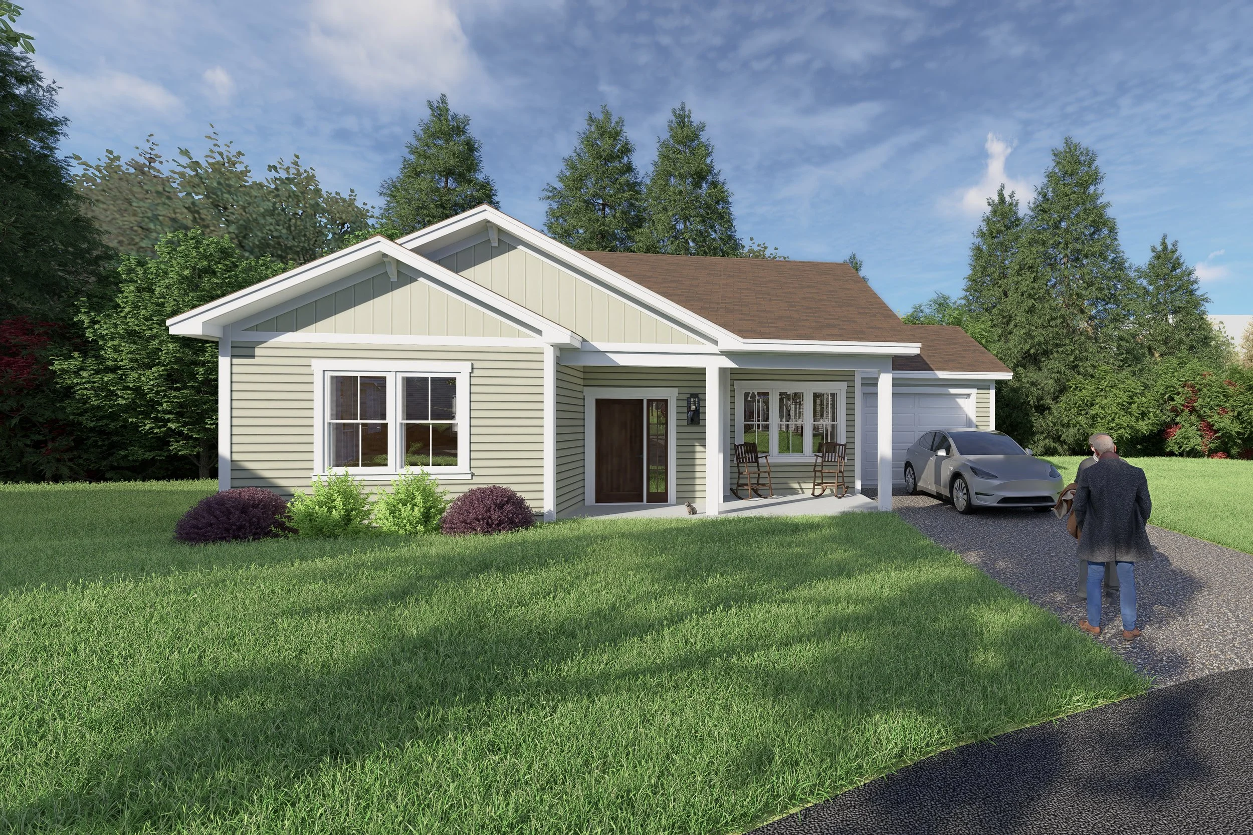 A modern, light green house with a gabled roof, white trim, and large windows, surrounded by green lawn and trees, with a driveway leading to a garage, and two people walking on the path near a silver car.
