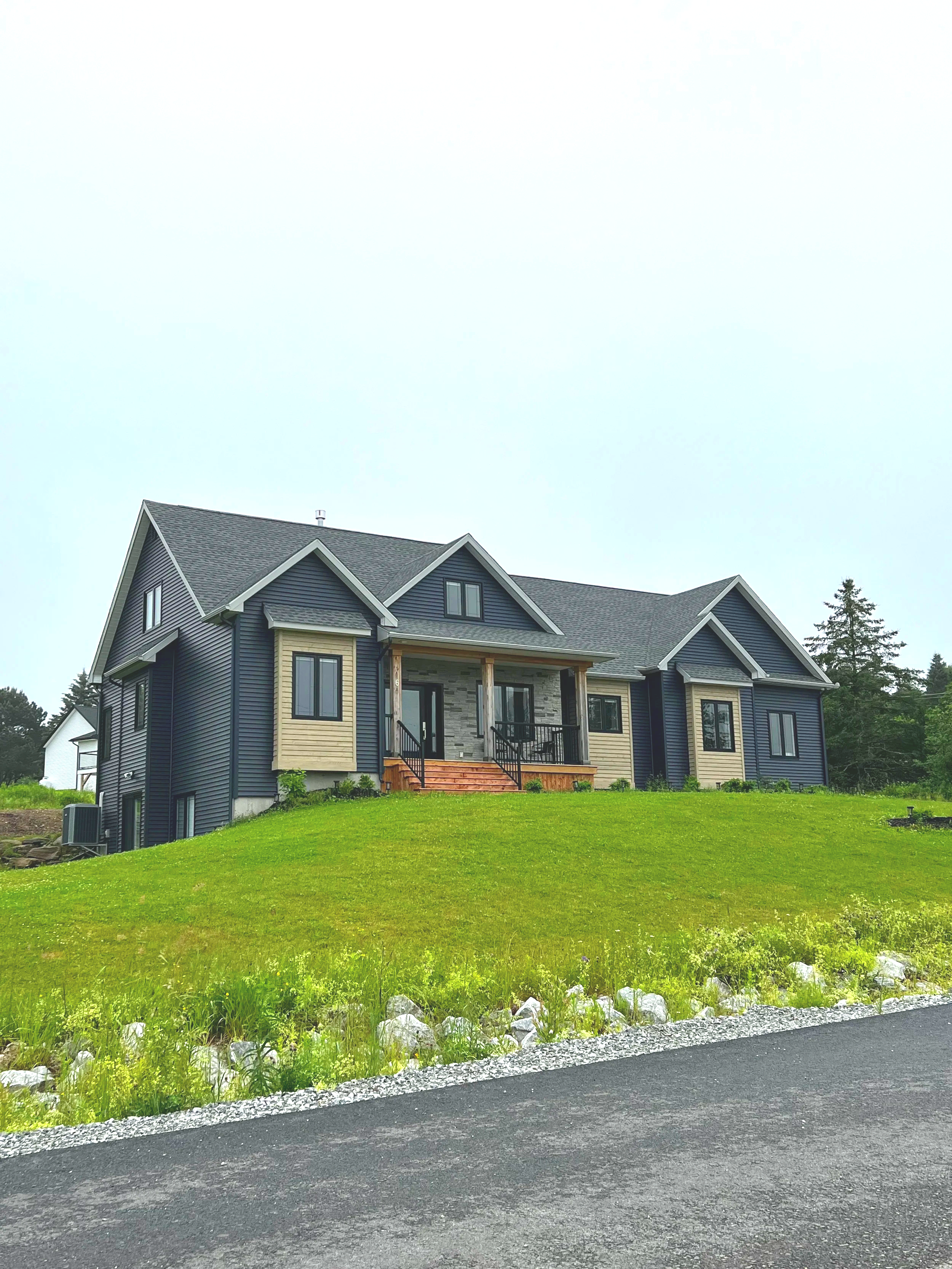 Modern house with a dark blue exterior and a gray roof, situated on a lush green lawn with a gravel border and a paved driveway, surrounded by trees under a cloudy sky.