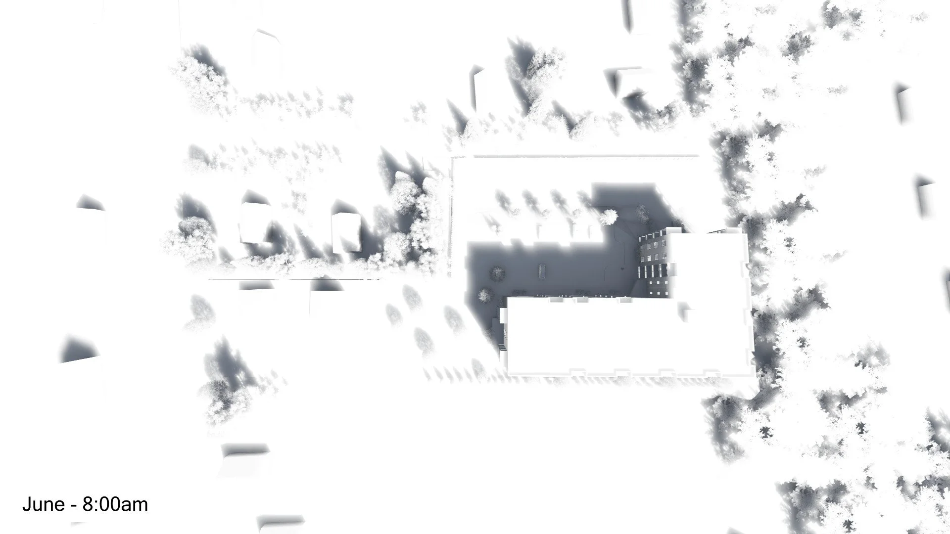 A black and white aerial image of a building and surrounding trees with snow on the ground, labeled with the date and time "June - 8:00am."