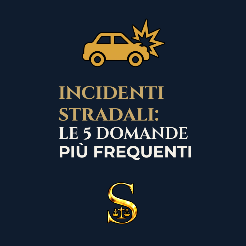 Titolo e immagine illustrativa di un incidente stradale con un'auto danneggiata e una stella di impatto, accompagnato dal testo 'Incidenti stradali: le 5 domande più frequenti'.