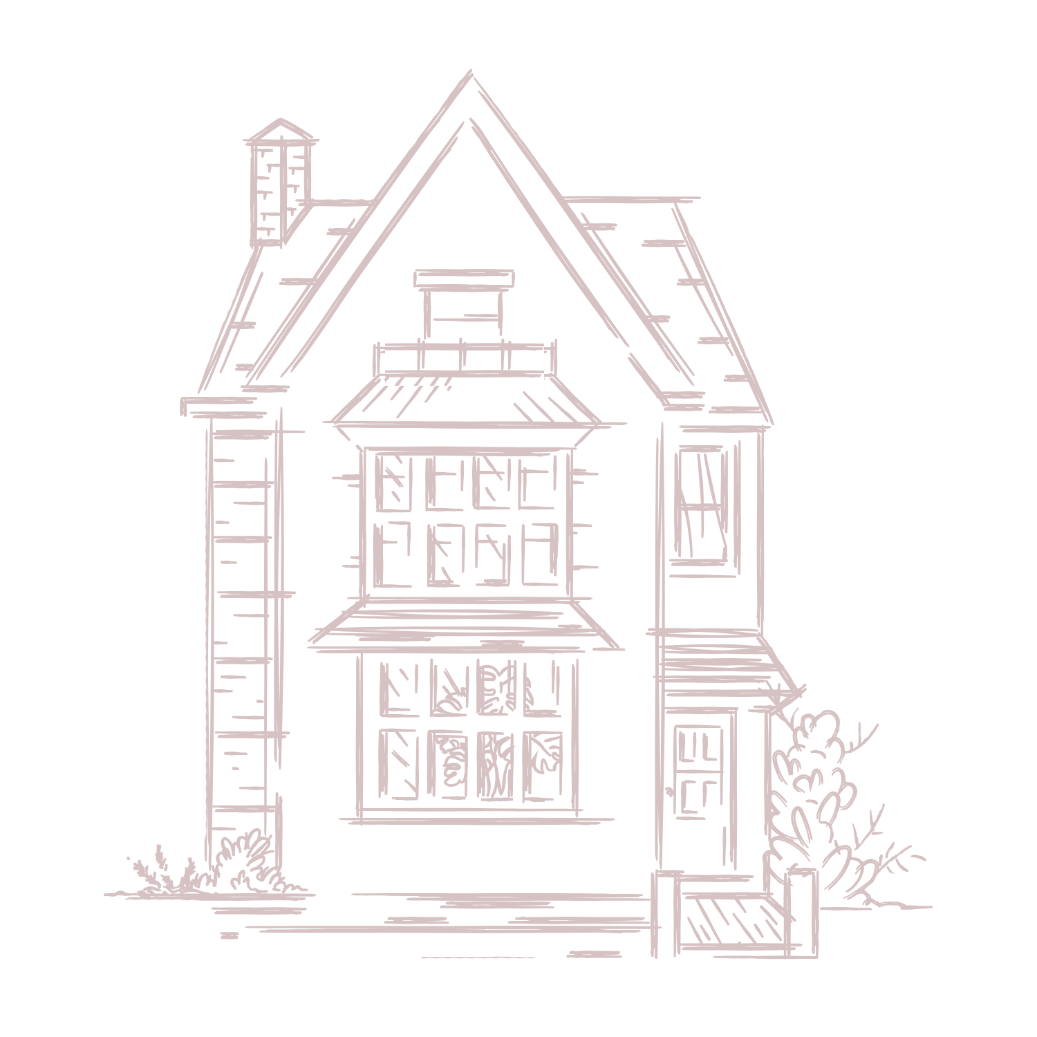 Line drawing of a Victorian house with a steep roof, large front window, and some bushes and trees around it.