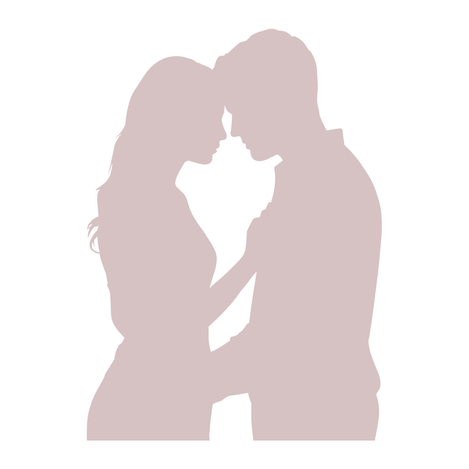 Silhouette of a couple facing each other, holding hands, with the woman's hand gently resting on the man's chest and their foreheads touching.