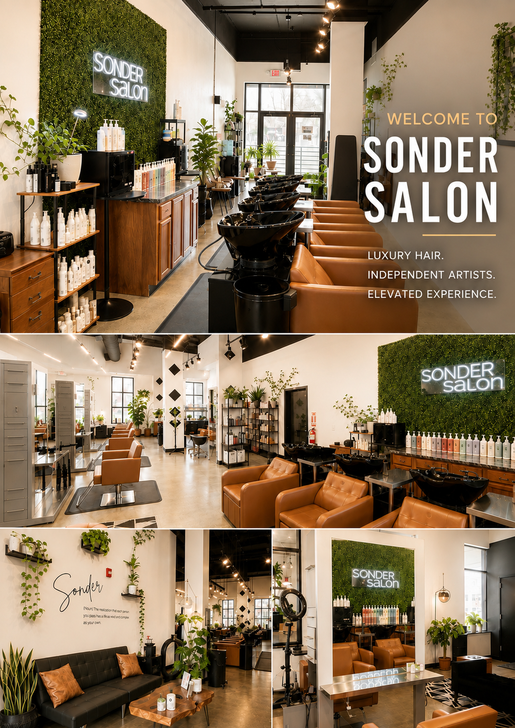 Interior of a modern hair salon with a green wall and neon sign that says 'SONDER SALON'. The space features styling chairs, washing stations, and various salon products. There are plants and warm lighting creating a welcoming atmosphere.
