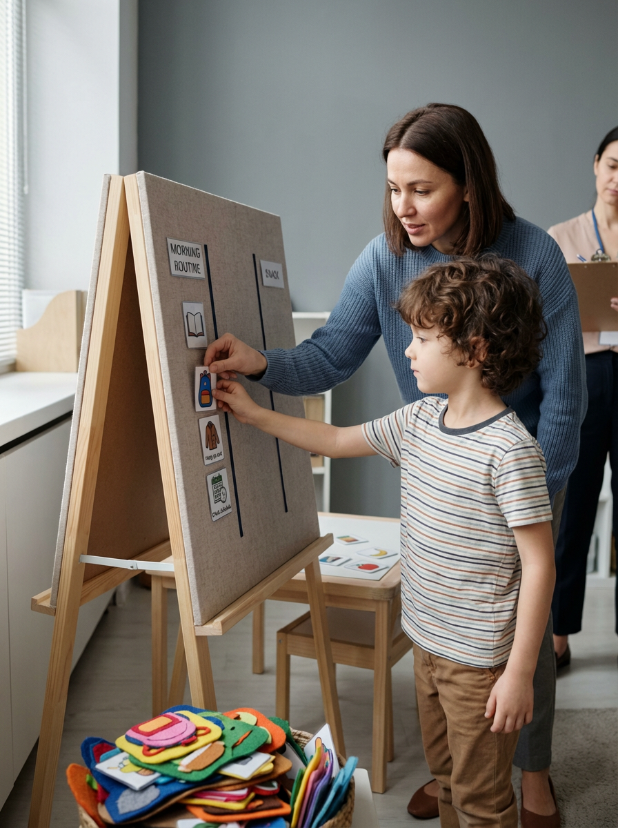 A woman and a young boy standing at a classroom or therapy room, interacting with a felt board that has various pictures and words, including a backpack, shirt, and calendar, with a pile of colorful felt pieces on a table in front of them, and a woman in the background holding a clipboard.