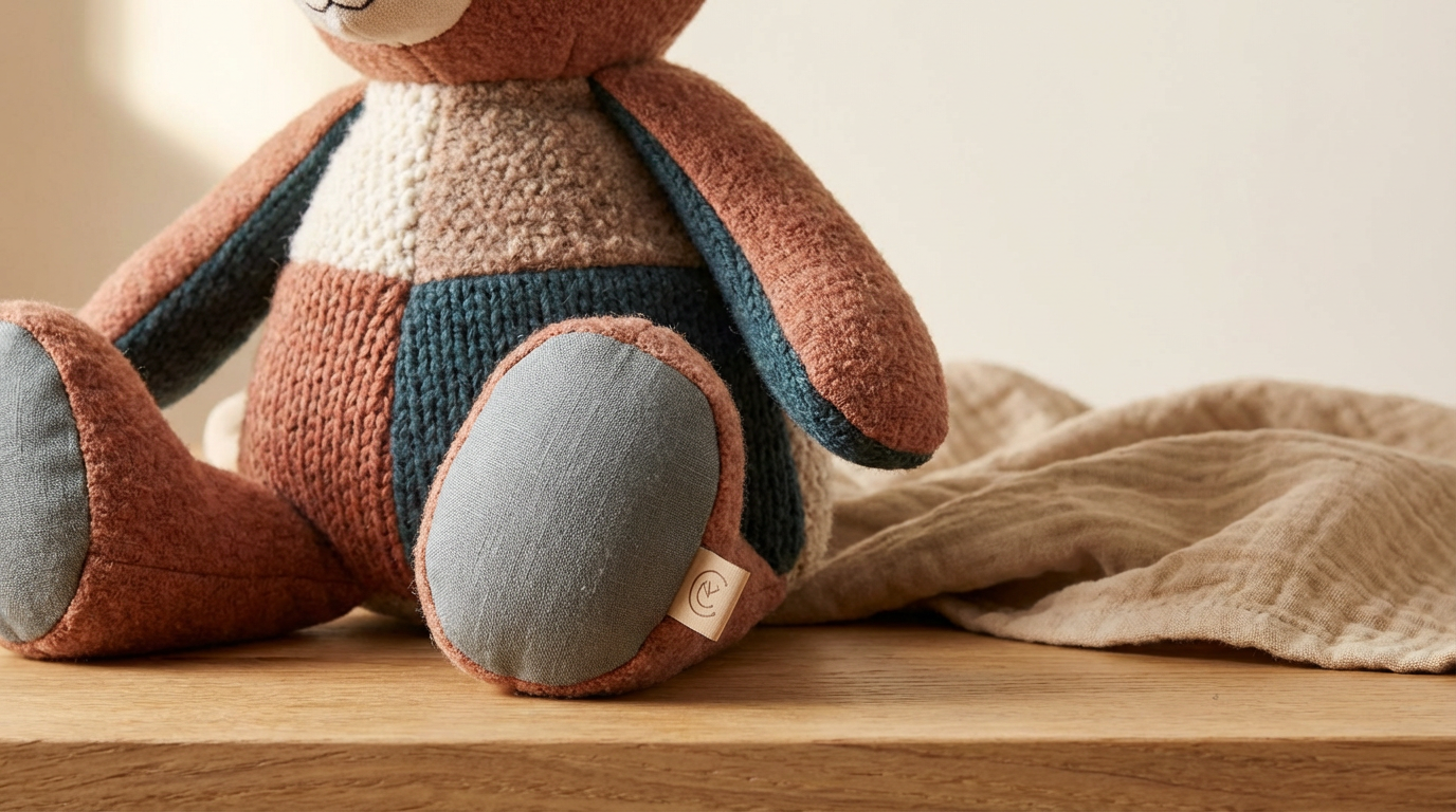 Close-up of a plush teddy bear sitting on a wooden surface with a beige cloth nearby.