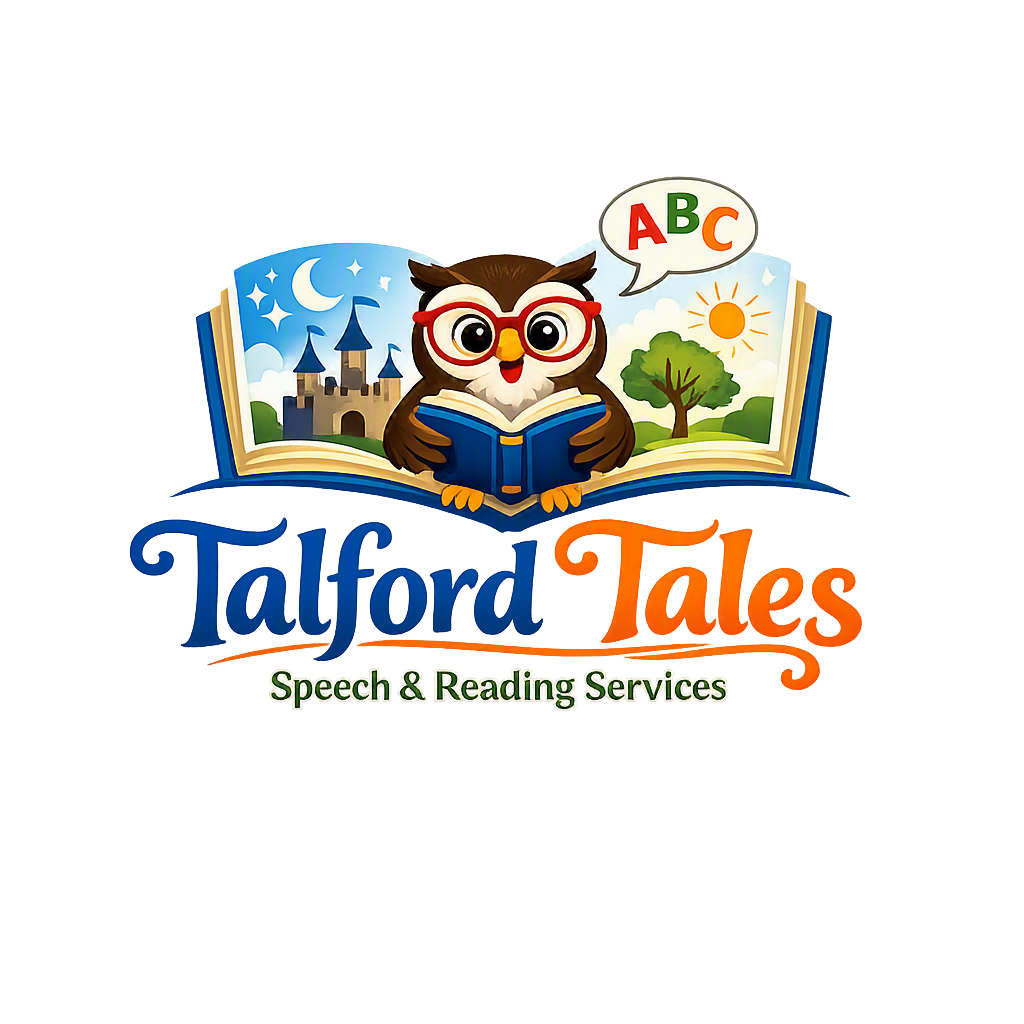 Logo for Talford Tales Speech & Reading Services featuring an owl wearing glasses reading a book, with open books behind it showing a castle at night and a sunny day with a tree. The text includes 'Talford Tales' and a speech bubble with 'ABC'.