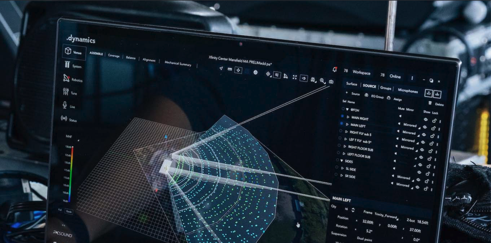 Computer screen displaying 3D sound mapping and control software for a sound installation with PK Dynamics with various settings, source options, and a color-coded depth or altitude scale on the left.