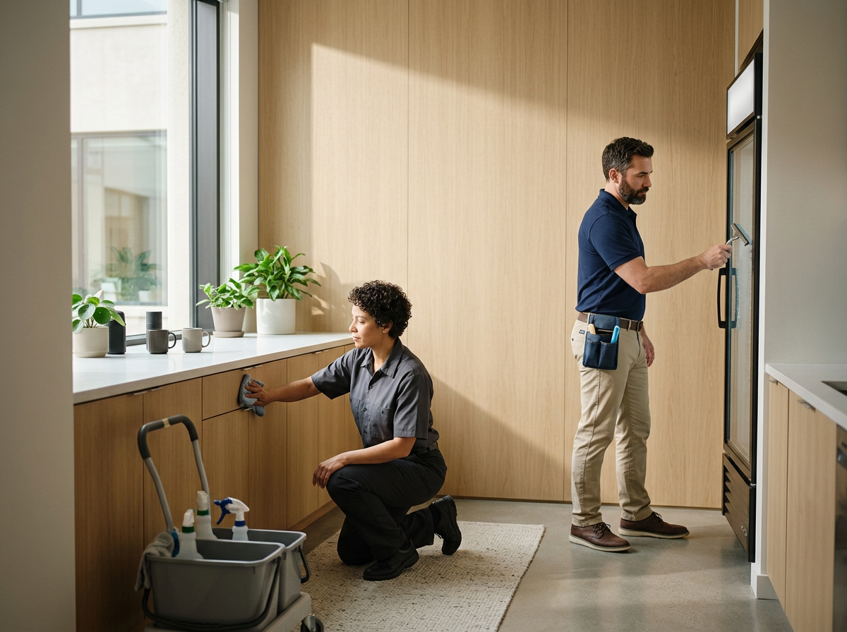 A woman cleaning a wooden cabinet under a window, while a man refills a vending machine in a kitchen.