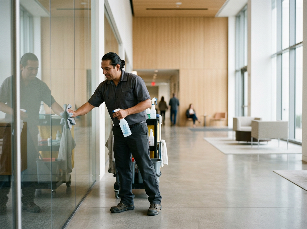 A man cleaning a glass wall in a spacious, modern office lobby with large windows, wooden wall panels, and seating area.