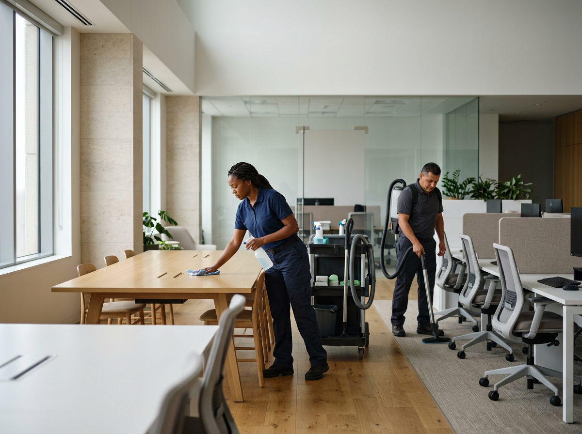 Two janitorial workers cleaning an office with wooden floors, windows, and computer desks. The woman is wiping a wooden table, the man is vacuuming the carpeted area.