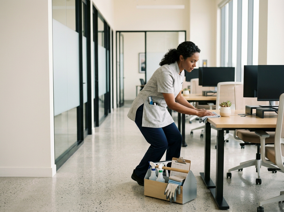 A woman cleaned an office desk with a cloth in a modern office space.