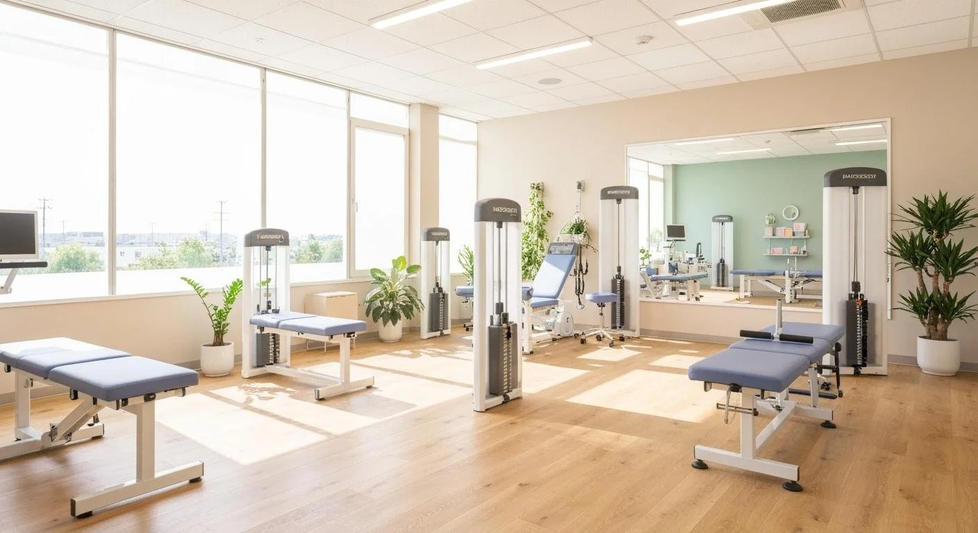 A spacious physical therapy or rehabilitation clinic with multiple adjustable treatment tables, exercise machines, potted plants, and large windows letting in natural light.