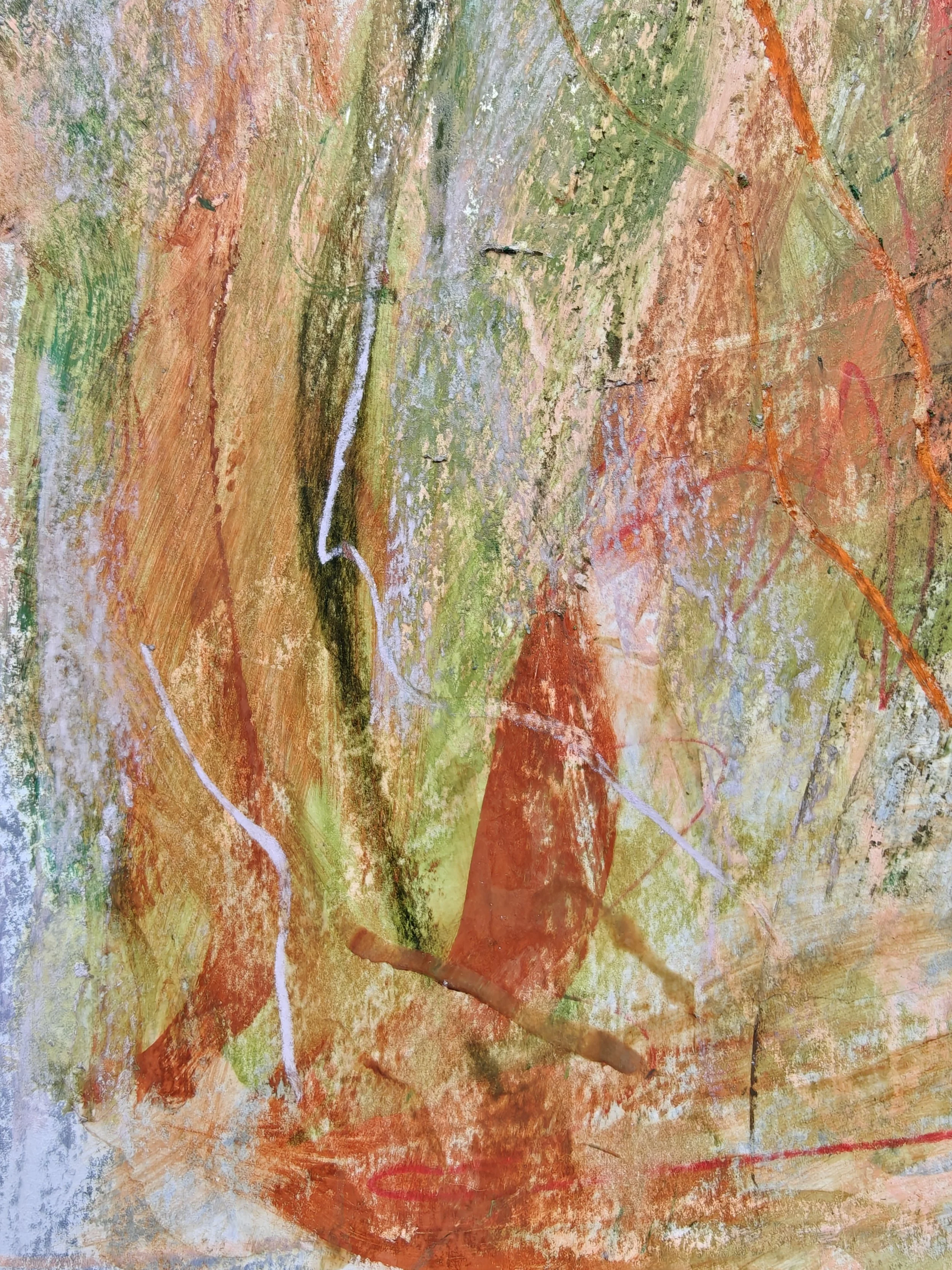 Abstract colorful artwork featuring various shades of green, orange, and brown with curving and intersecting lines.