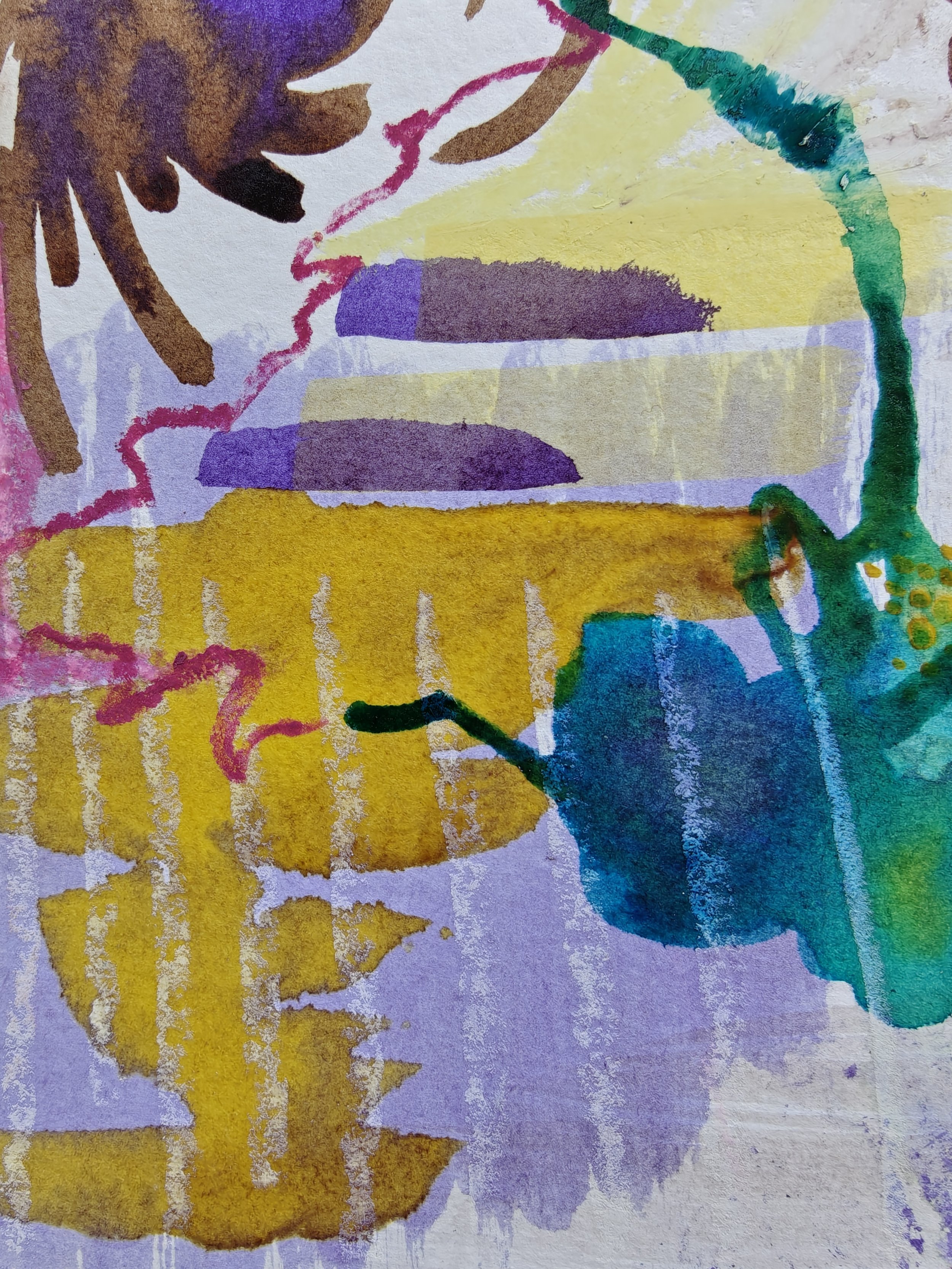 Abstract watercolor painting with bold areas of yellow, purple, green, blue, and brown, featuring textured and dripped paint effects.