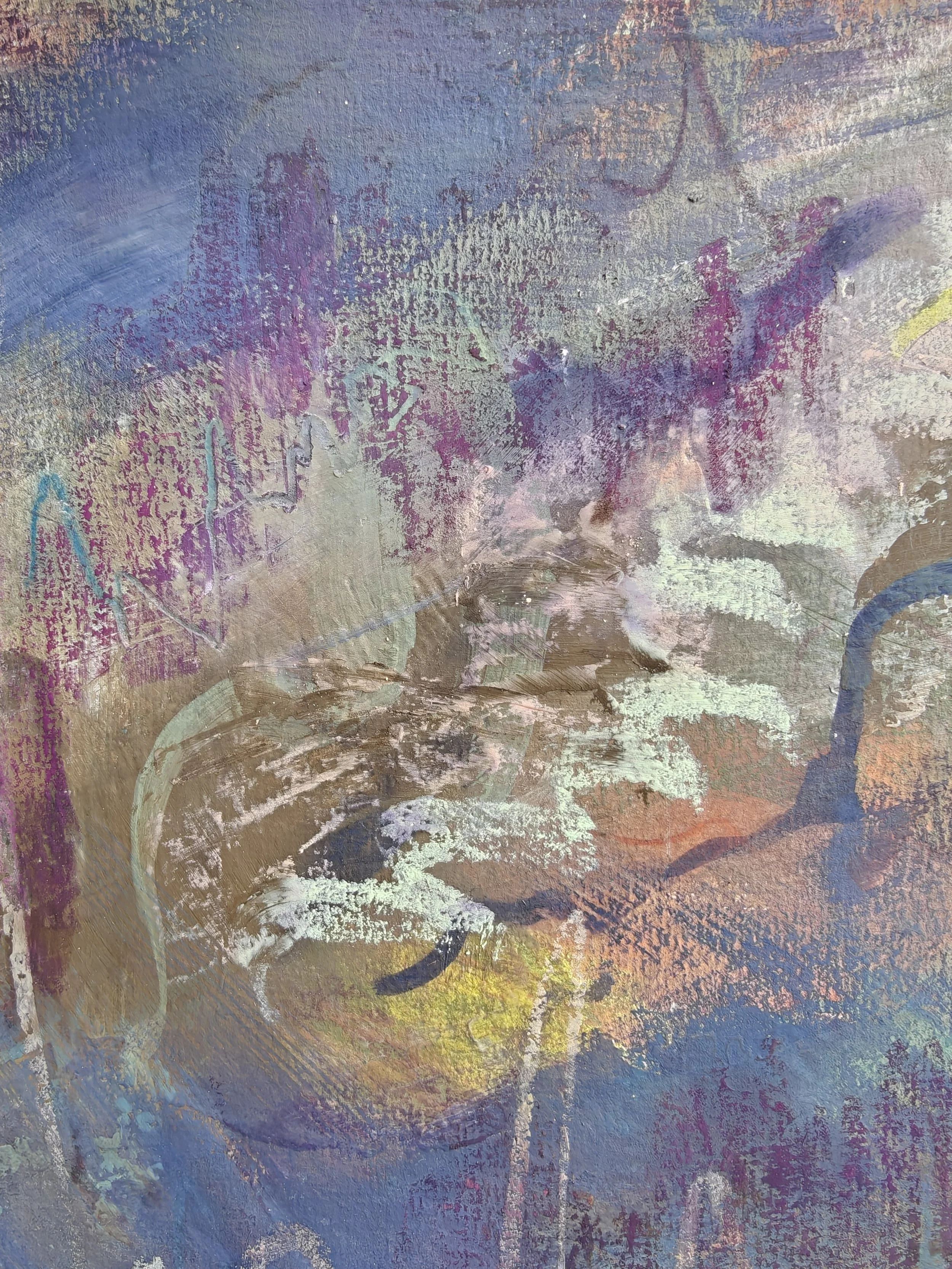 Abstract painting with a mix of colors including blue, purple, pink, yellow, and green, with textured and layered brushstrokes.