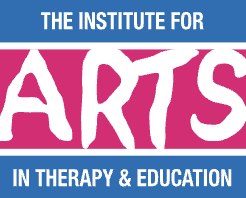 Logo of the Institute for Arts in Therapy & Education with blue, pink, and white colors.