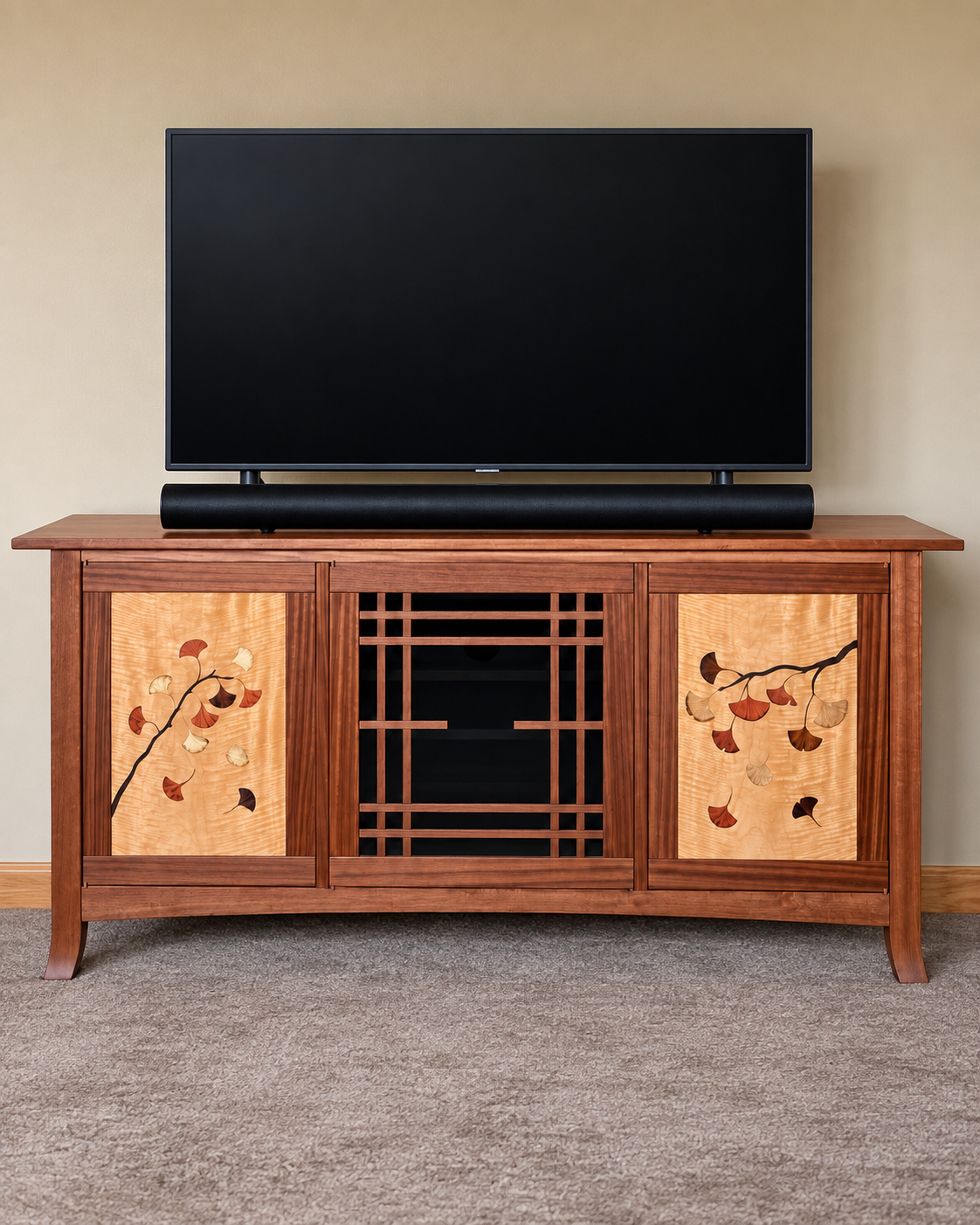 Entertainment Center in Sapele and Curly Anigre with marquetry in various woods. 