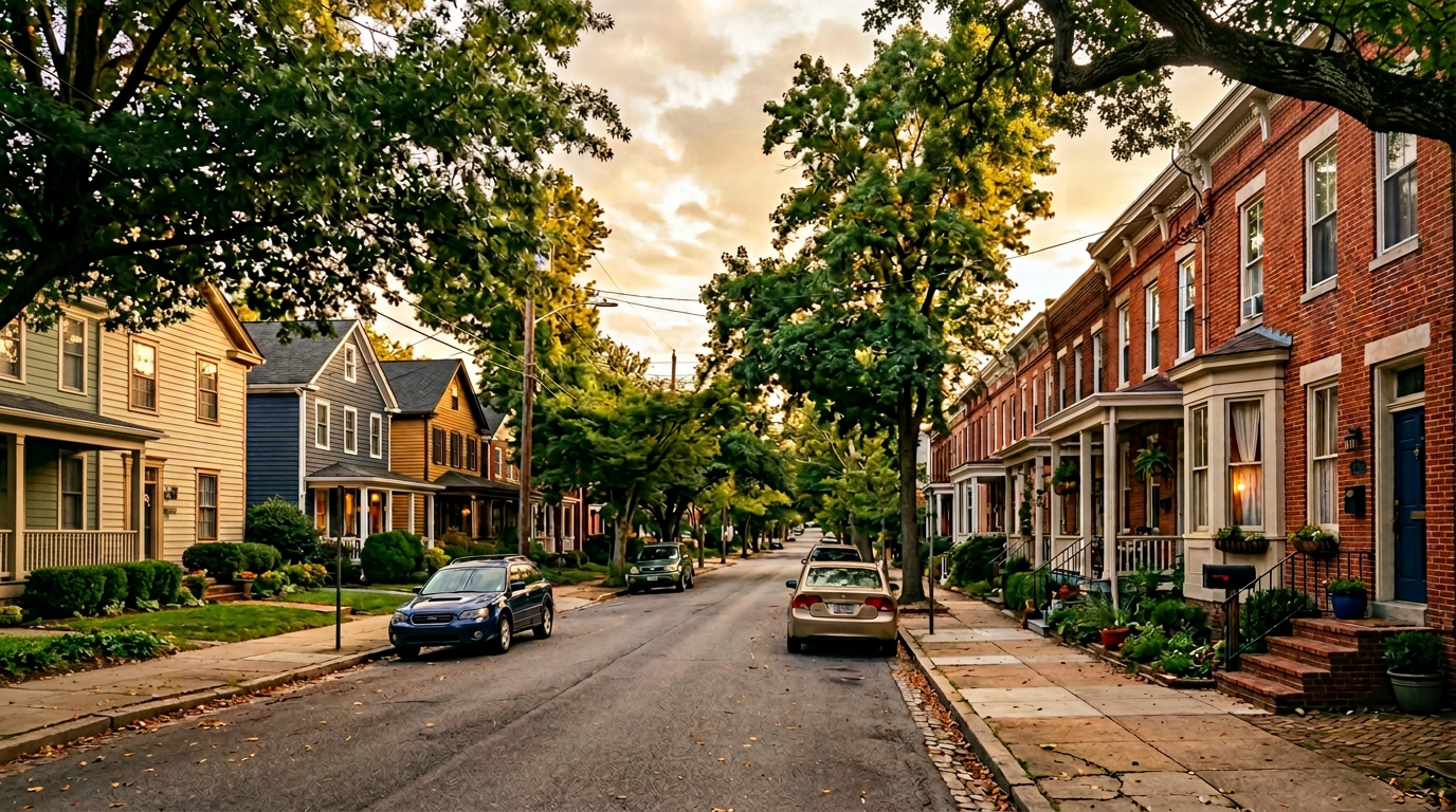 A quiet residential street at sunset with trees, parked cars, and brick row houses with porches.