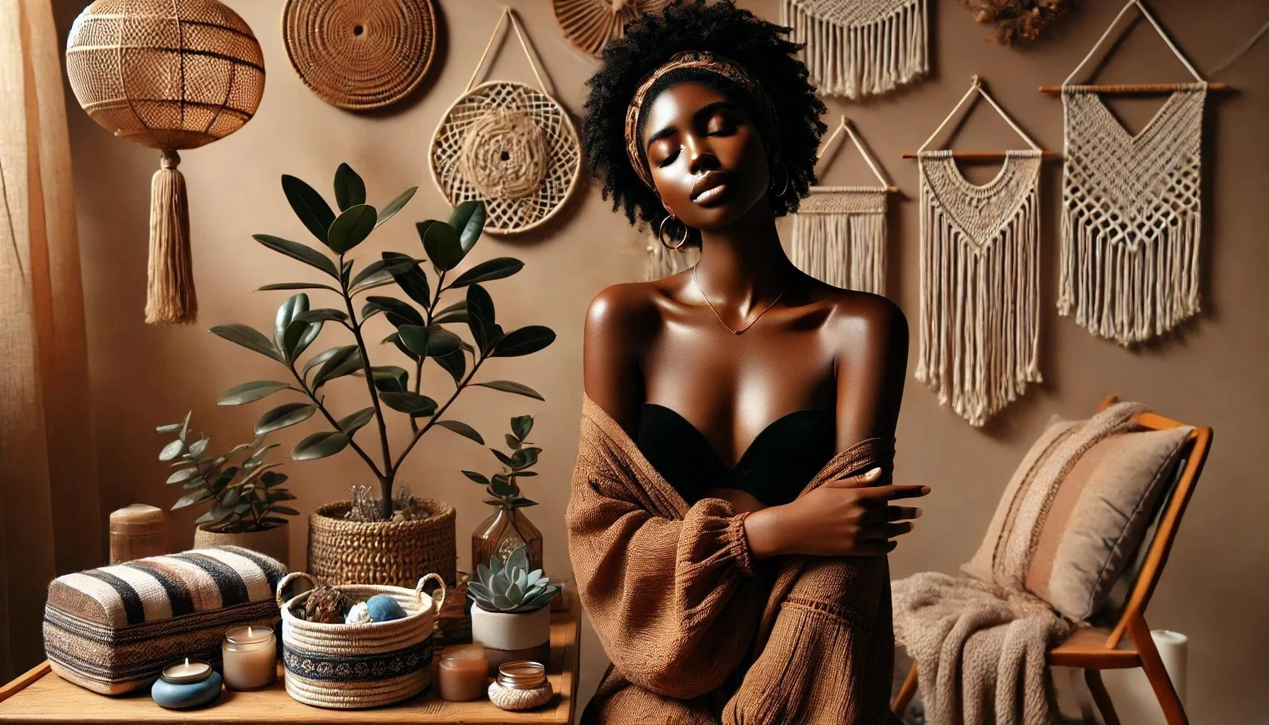 A woman with dark skin and natural curly hair, wearing a black strapless top and a brown shawl, sitting in a cozy, bohemian-style room with woven wall hangings, a potted plant, candles, and assorted decor elements.