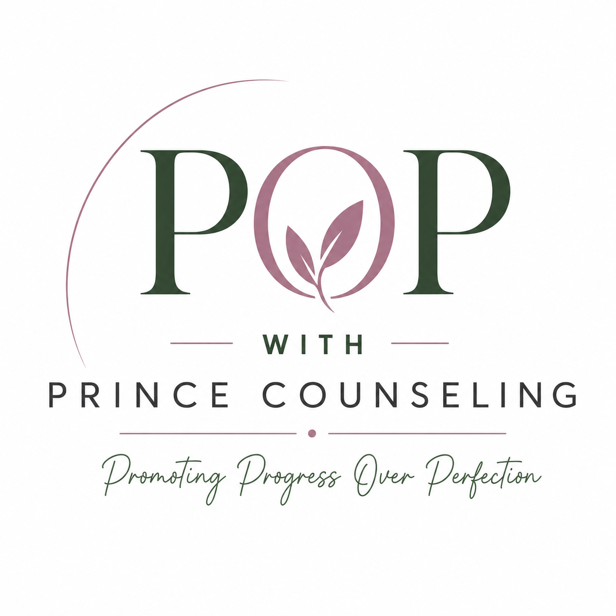 Logo for Pop with Prince Counseling featuring a stylized leaf within a circle and the tagline 'Promoting Progress Over Perfection'.