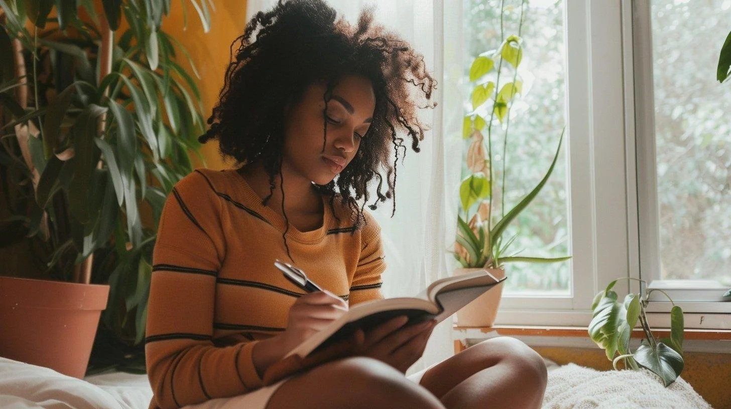 A young woman with curly hair sitting by a window, reading a notebook and writing with a pen, surrounded by potted plants.