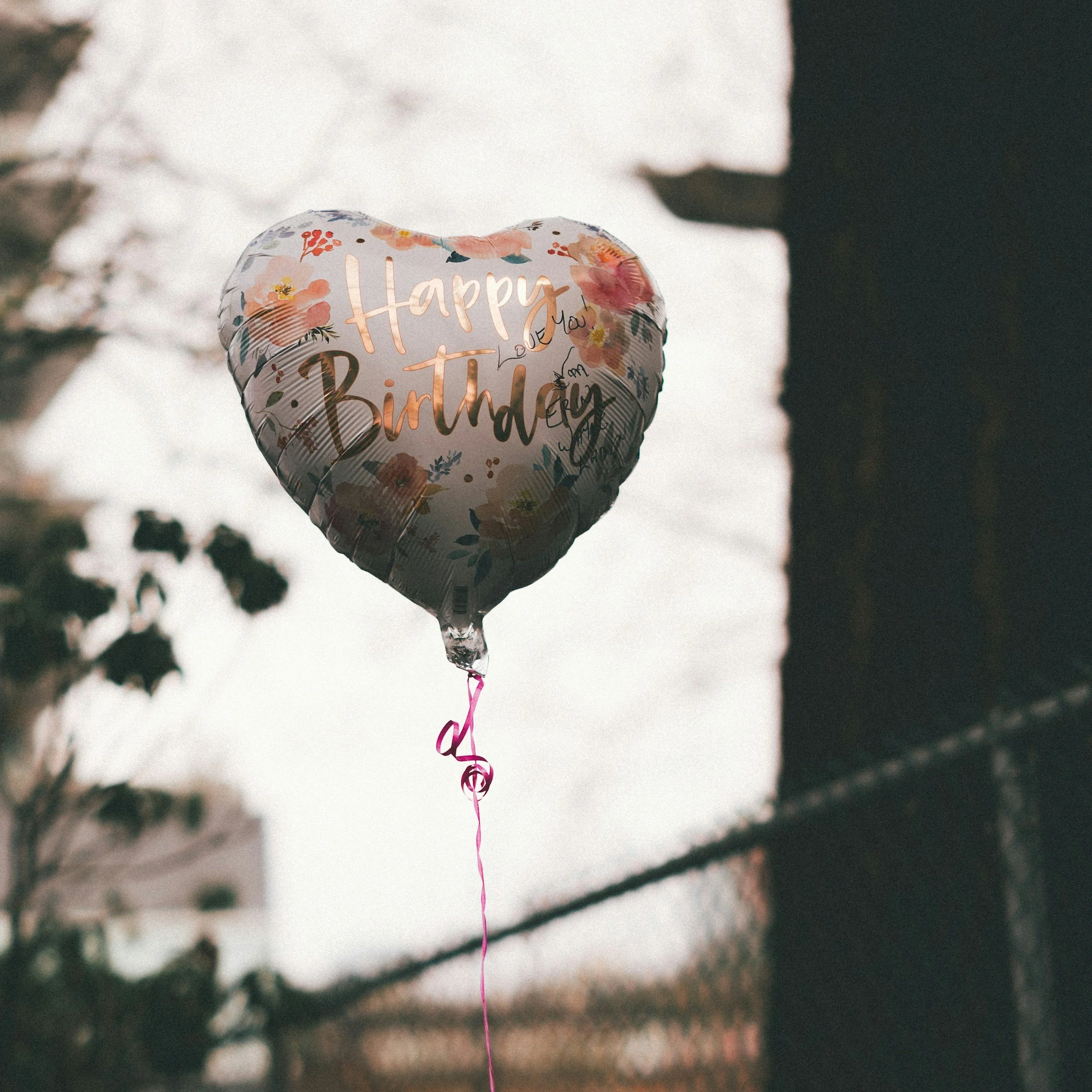 A heart-shaped balloon with floral and text designs is floating outdoors, with a sunset sky and trees in the background.