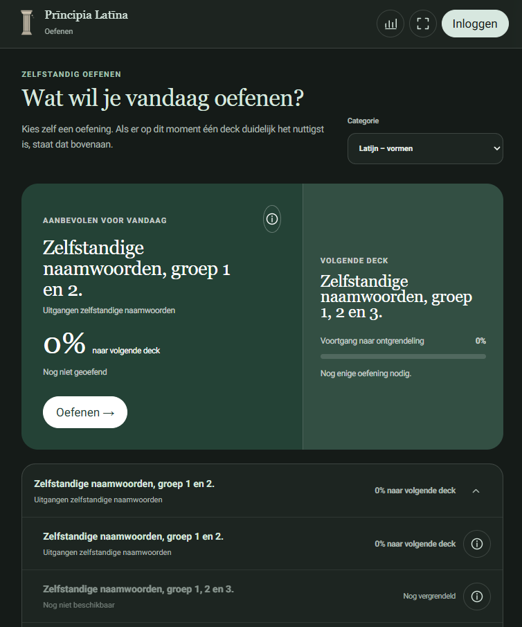 Afbeelding van de flashcardapplicatie op de website van Principia Latina