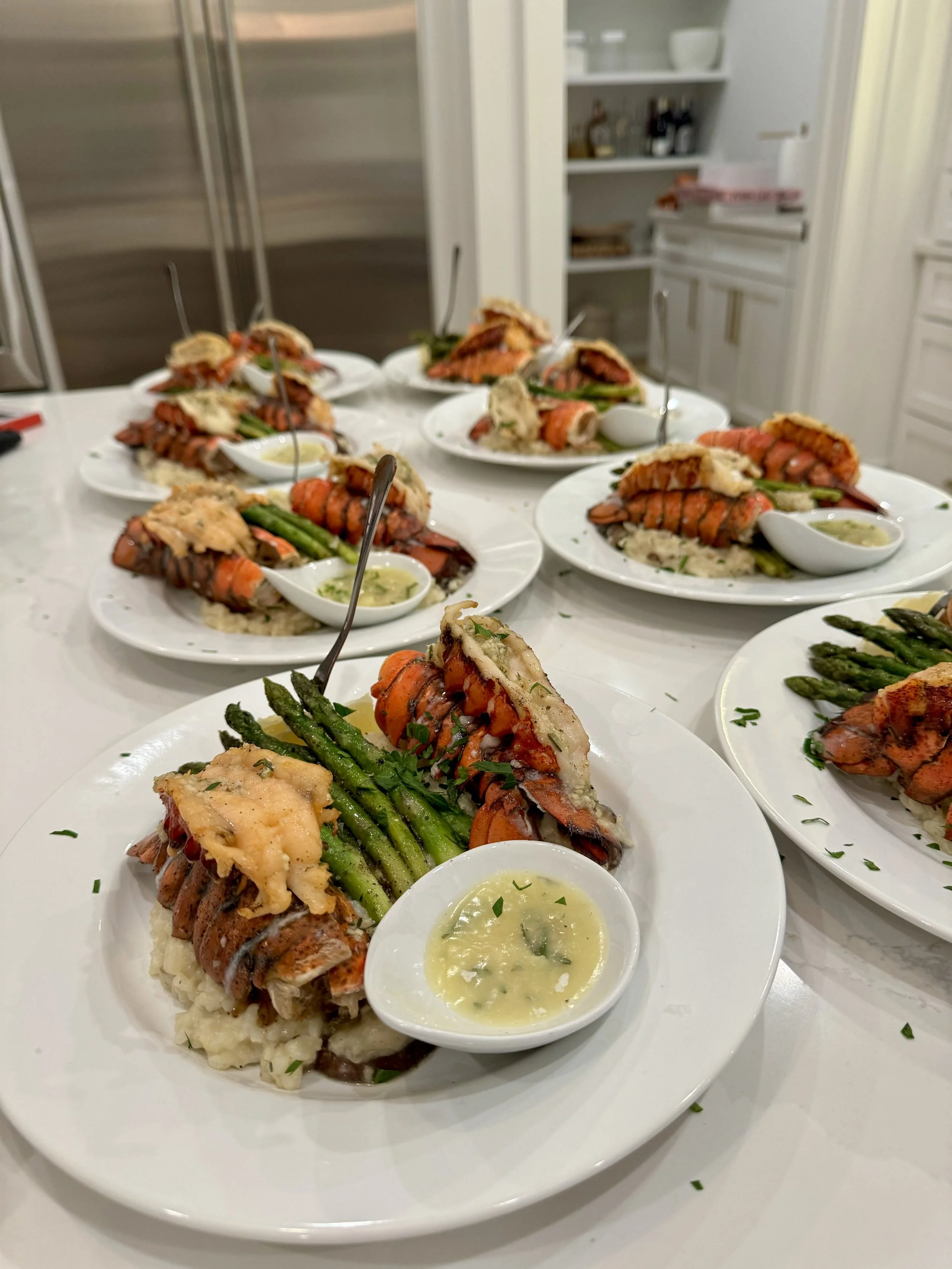 Maine Lobster Tail, Roasted Asparagus, Ruffled Yukon Gold Mash, Roasted Garlic and Herb Butter