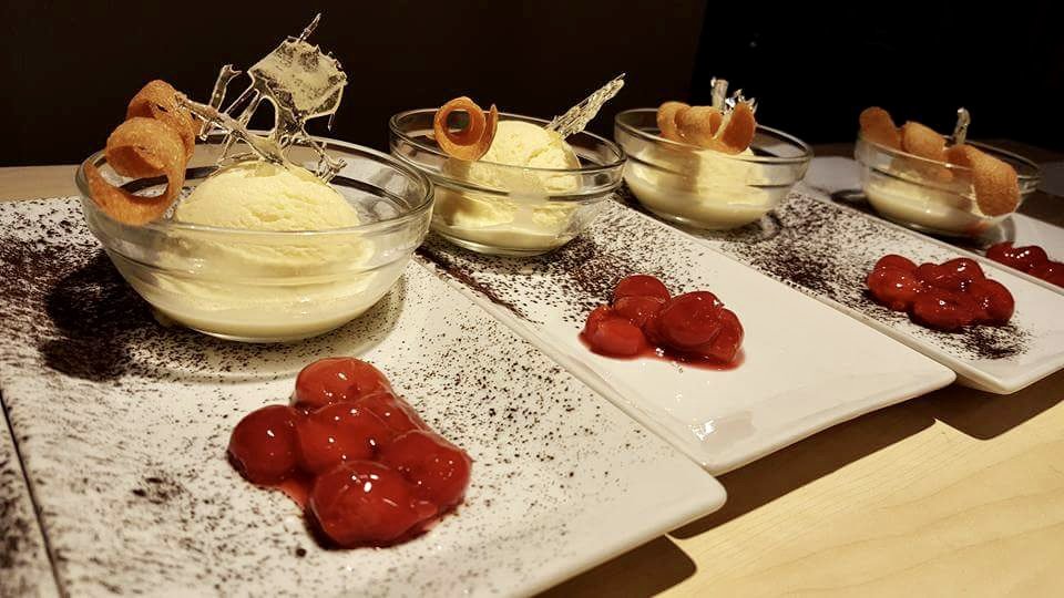 Homemade Vanilla Ice Cream, Macerated Cherries, Sugar Hard, Cinnamon Tuille