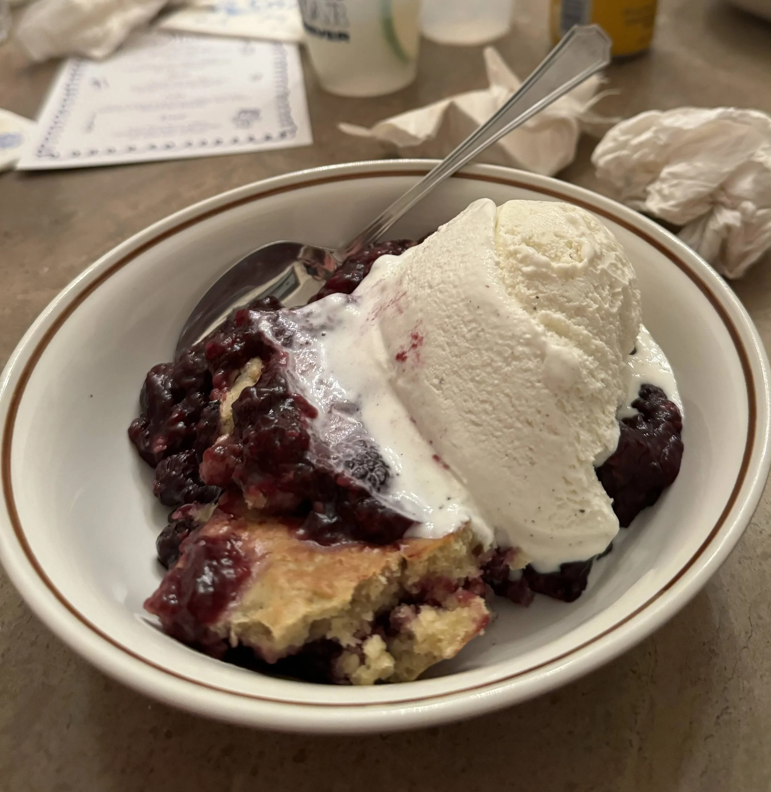 Cobbler with Fresh Berries and Cinnamon-Vanilla Crumble, Vanilla Bean Ice Cream