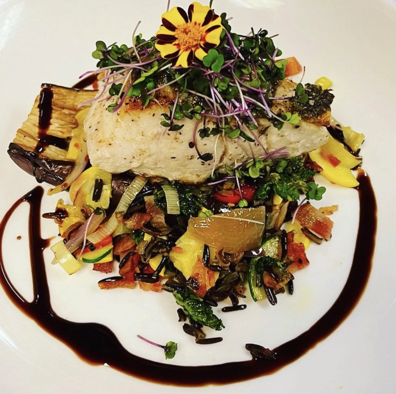 Roasted Eggplant Stuffed with Local Vegetables, Fresh Halibut, Apple Balsamic Reduction 