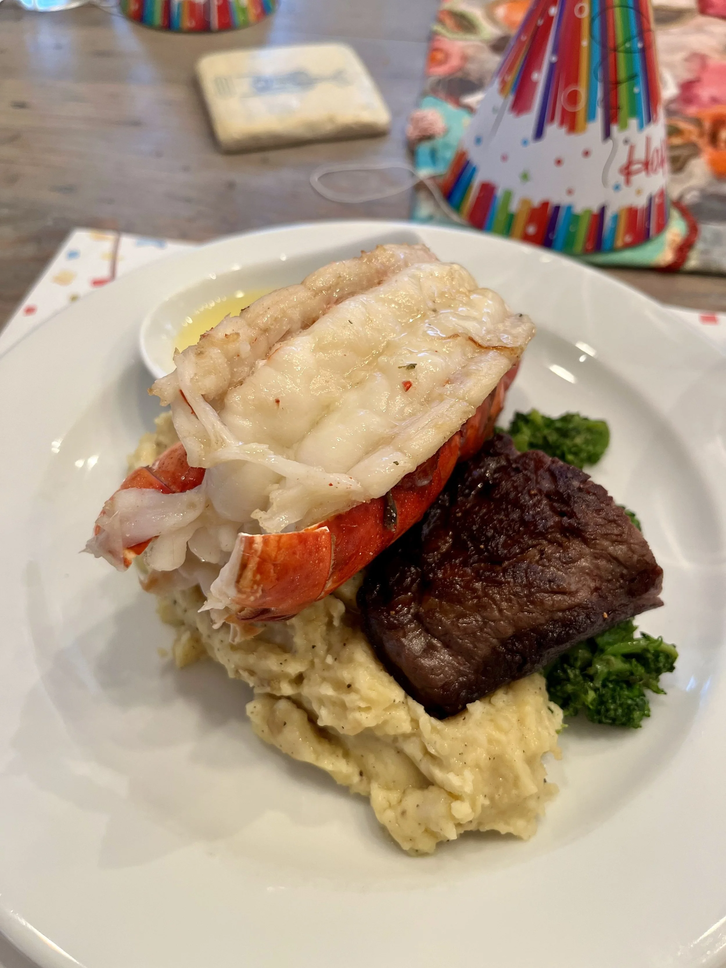 Maine Lobster and Filet with Ruffled Yukon Gold Mash and Roasted Broccolini 