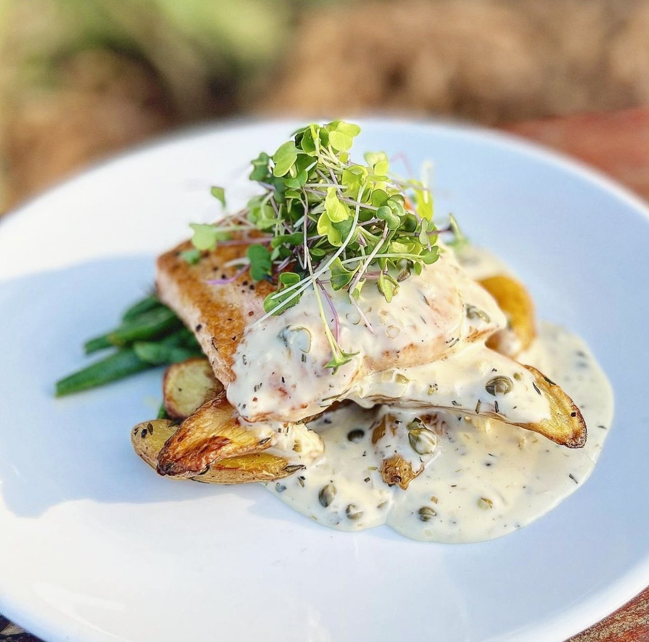 Seared Local Flounder, Roasted Fingerling Potatoes, Sautéed Green Beans, Lemon Caper Cream 