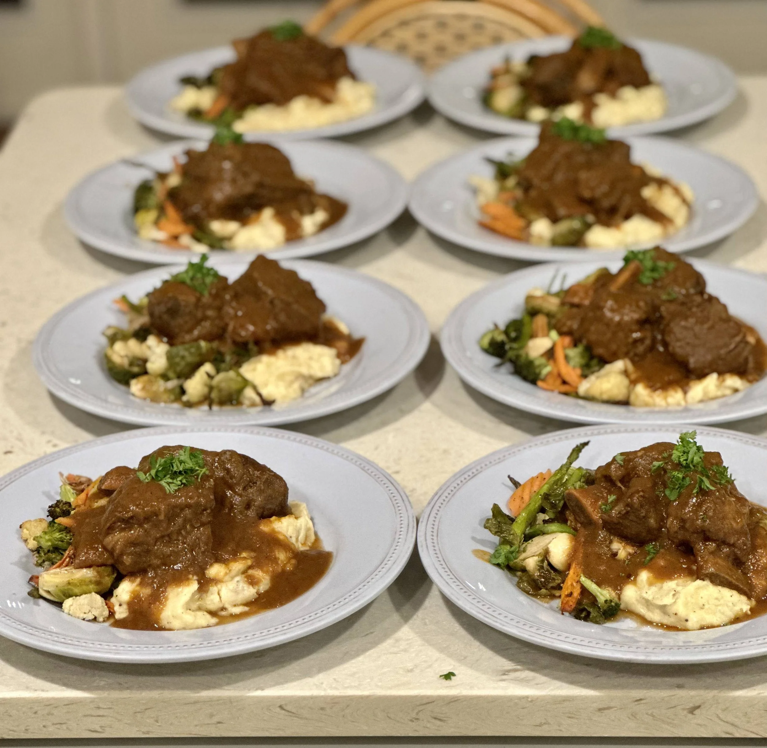 Smoker Braised Beef Short Ribs with Ruffled Yukon Gold Mash and Roasted Vegetables 