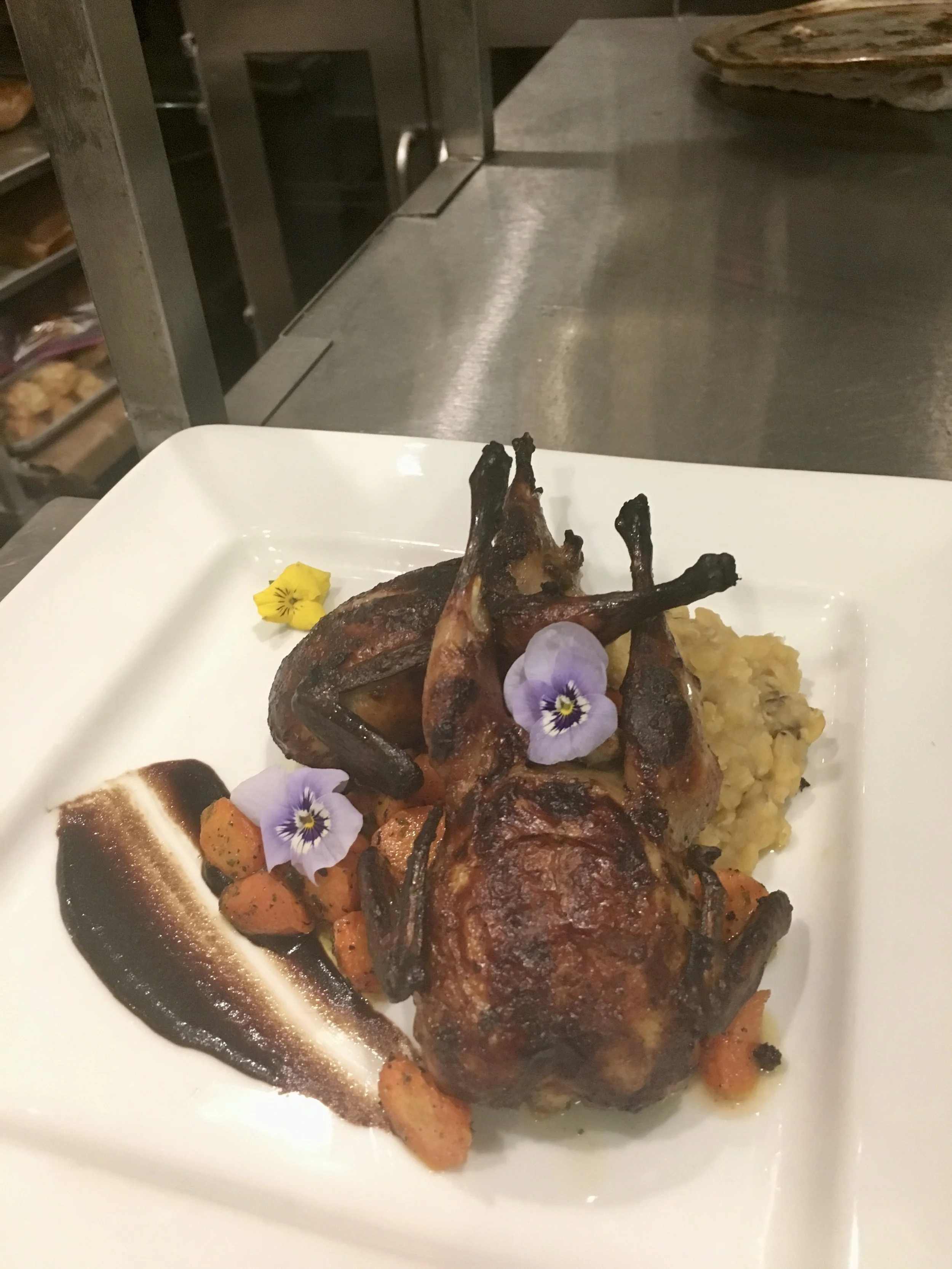 Herb Goat Cheese Stuffed and Oven Roasted Nebraska Quail, Brown Sugar Glazed Carrot, Yellow Lentil, Apple Butter