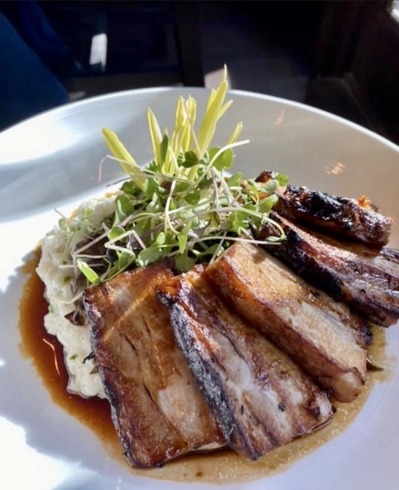 Chashu Pork Belly, Parmesan Risotto, Pan Sauce, Sweet Corn Shoots