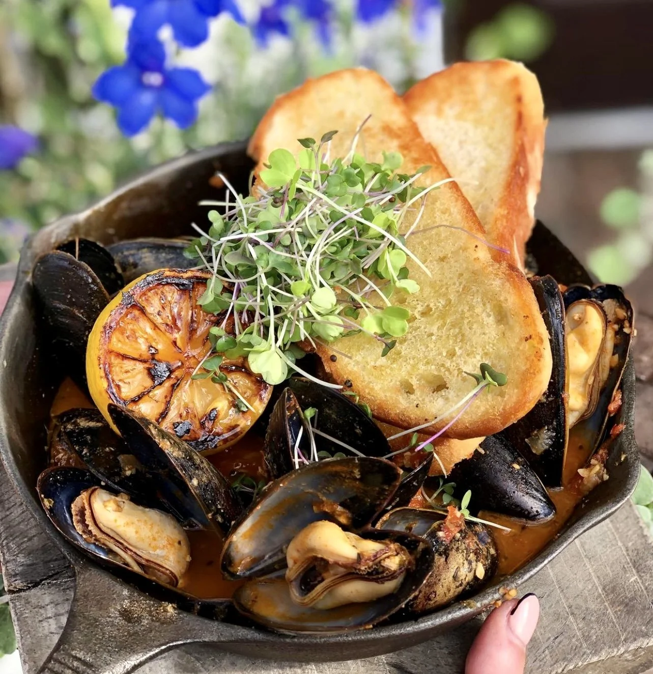 PEI Mussels in Tomato-Lemongrass Broth, Grilled Lemon, Crostini