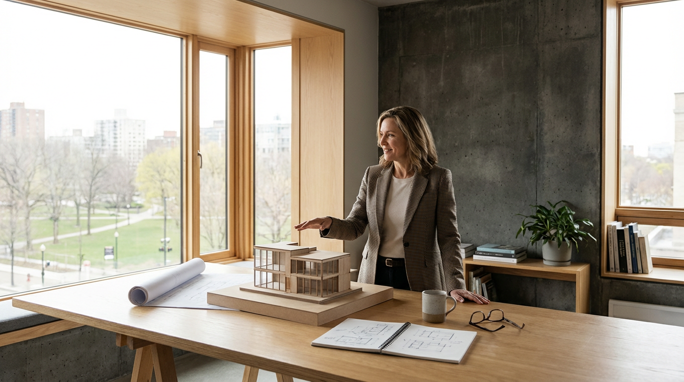 A woman standing at a wooden table with architectural models, open sketchbook, coffee mug, and glasses, in a room with large windows showing an outdoor park.