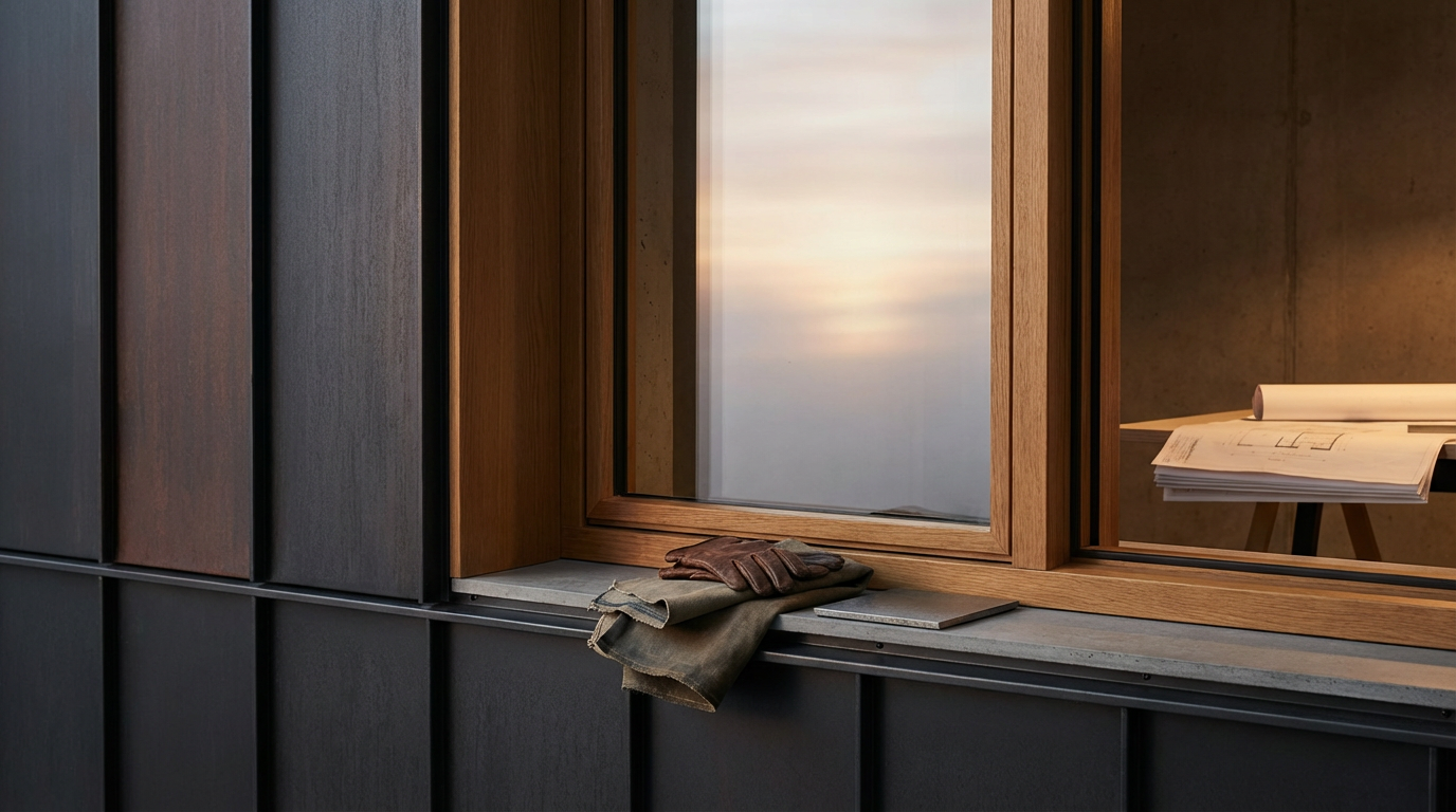 A window with a wooden frame, a checkered glove, and some cloth on the windowsill, with blueprints on a table inside.