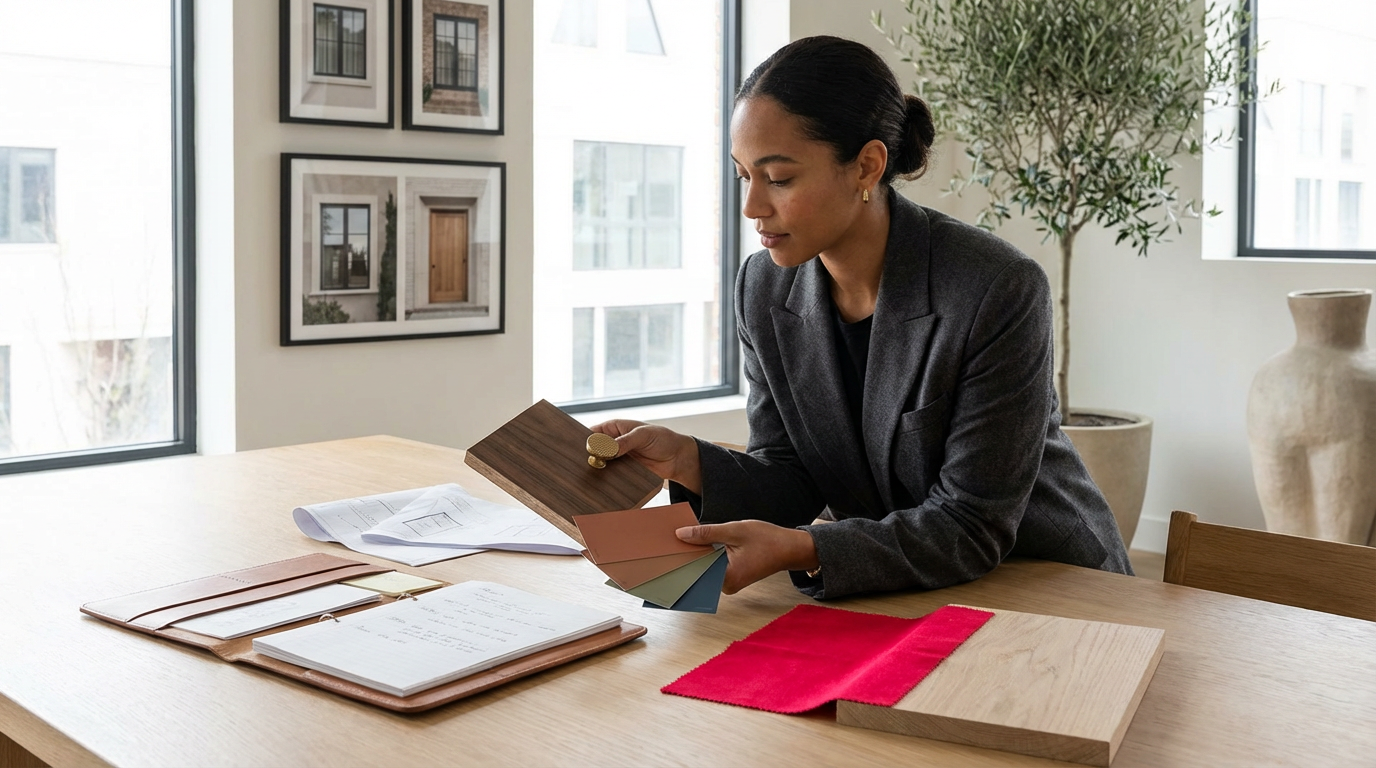 Woman in a gray blazer sitting at a table, reviewing paint color samples with fabric swatches, in a bright room with large windows and decorative artwork.