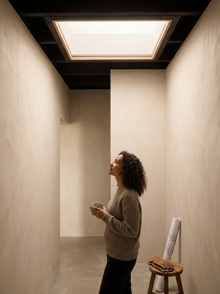 Woman standing in a narrow hallway with beige unfinished walls, holding a cup, looking up at a skylight in the ceiling with dark beams. A wooden stool with rolled-up architectural plans and work gloves is beside her.