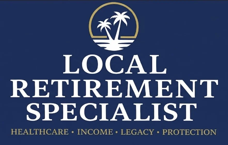 Logo with two palm trees and a setting sun, businesses or services related to local retirement planning, healthcare, income, legacy, and protection.