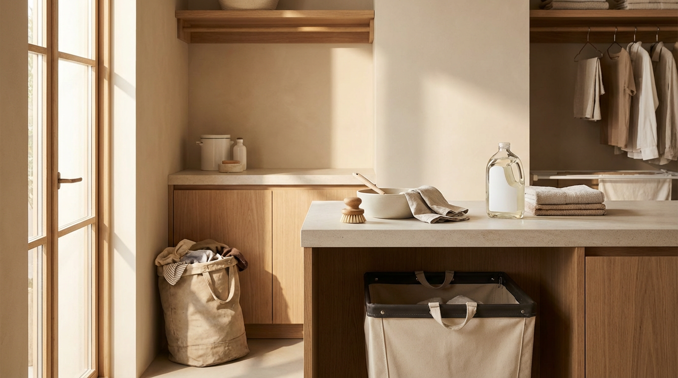 A laundry room with wooden cabinets, a countertop with a bowl, soap, and a towel, a glass jar filled with water, folded towels, a washer/dryer below the countertop, an open closet with hanging clothes, and a laundry basket with clothes.