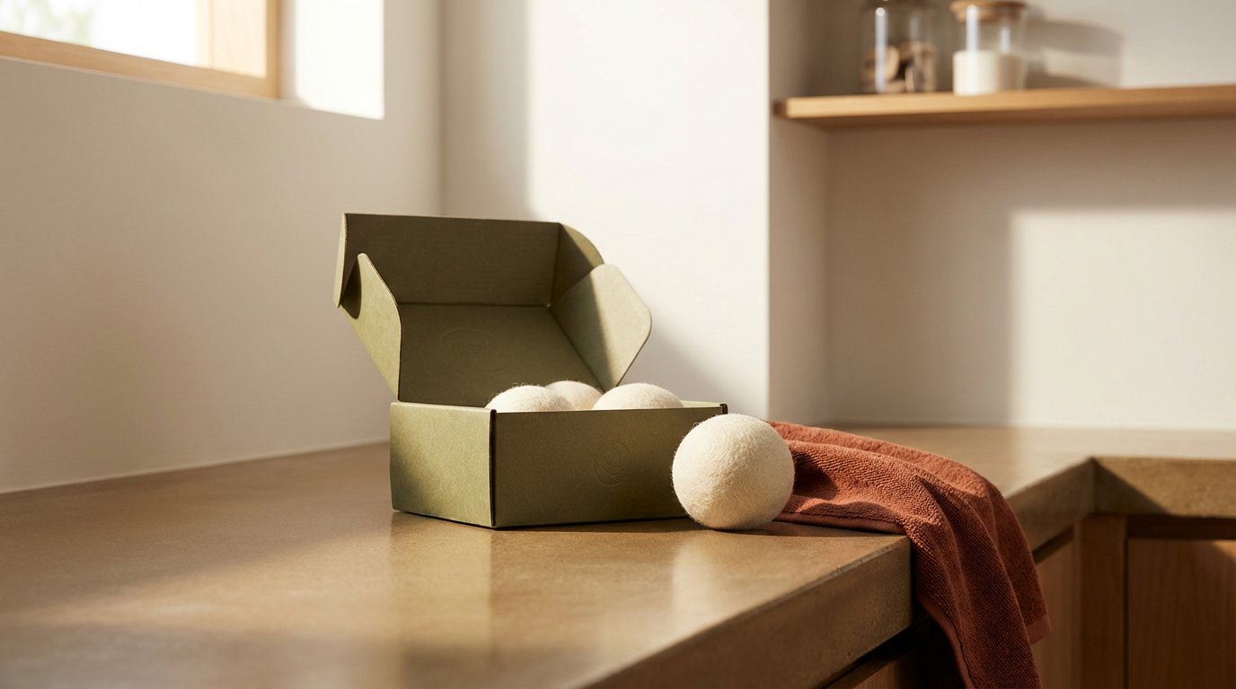 A cardboard box with sleeping wool dryer balls inside, resting on a kitchen counter next to a folded cloth.