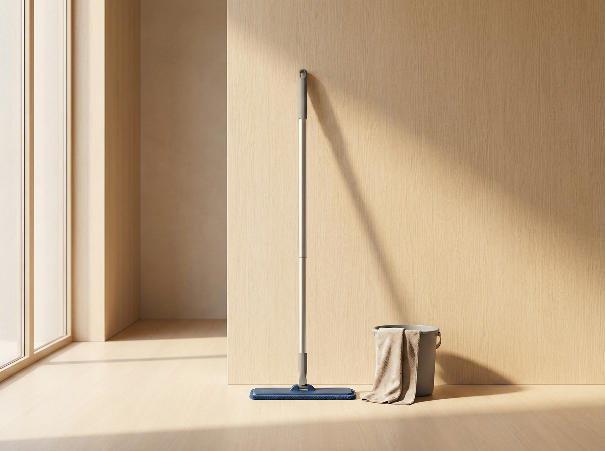 Mop leaning against a wooden wall next to a bucket with a cloth draped over the side, sunlit room with parquet flooring and sliding glass door.