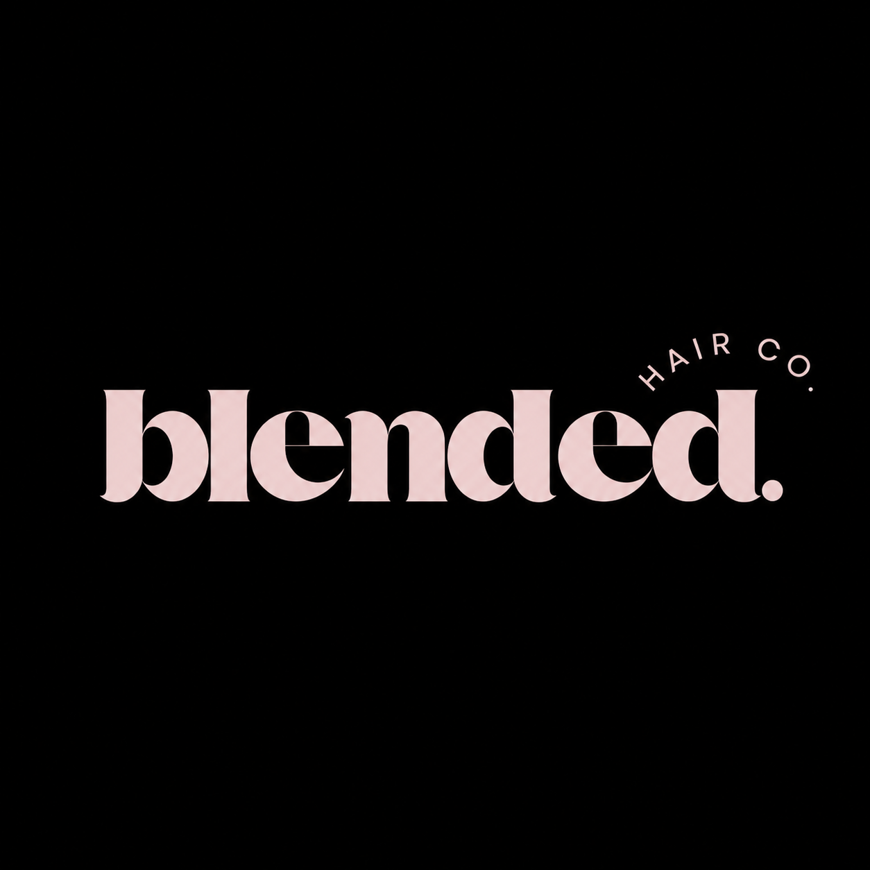 Black background with pink text reading 'blended.' and smaller text 'HAIR CO.' arranged in a circle.