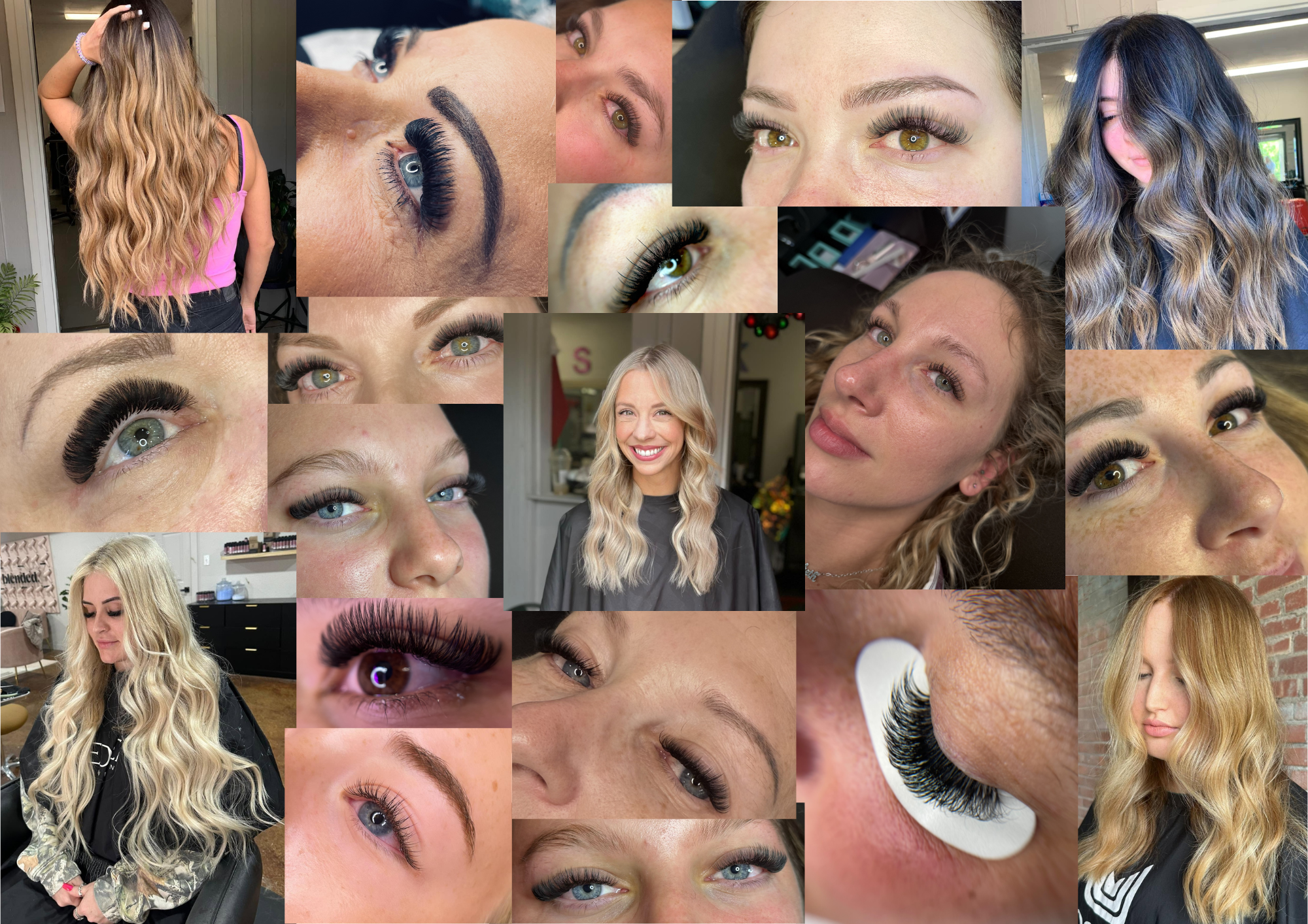 A collage of close-up images of women's faces, showcasing various hairstyles and makeup styles. Some women have long, wavy hair, while others have straight or curly hair. The focus is on their eyes, with many wearing false eyelashes or eye makeup. There is also a smiling woman with blonde hair, and a woman with darker hair styled in loose waves.