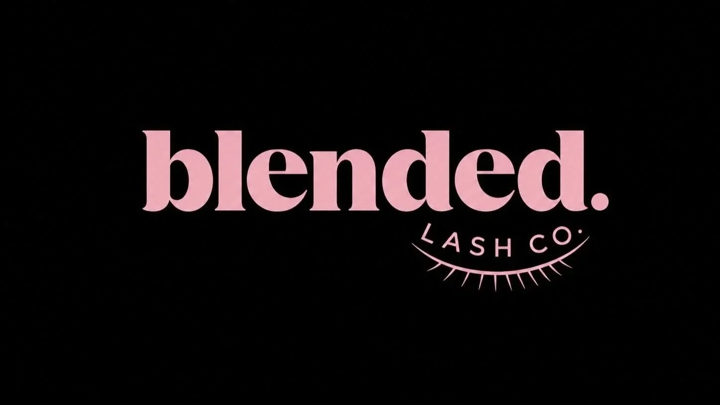 The logo of Blended Lash Co., with the word 'blended' in pink letters and 'Lash Co.' in smaller pink letters below, forming an arc with eyelashes underneath.
